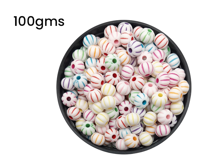 Cuentas plasticas bolitas blancas lineas multicolores